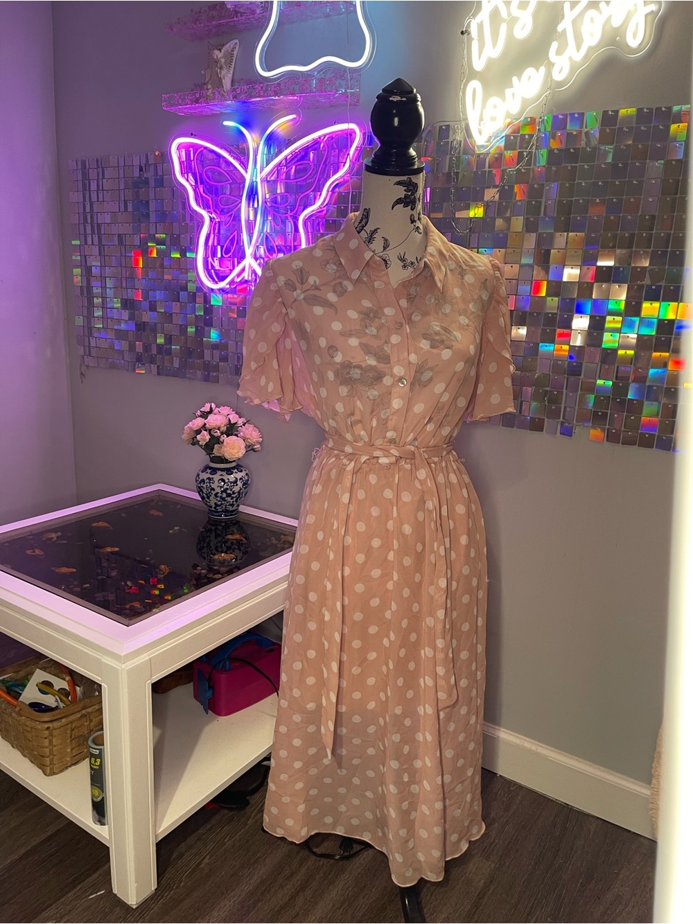 Women's Blush Pink Polka Dot Button-Front Midi Dress